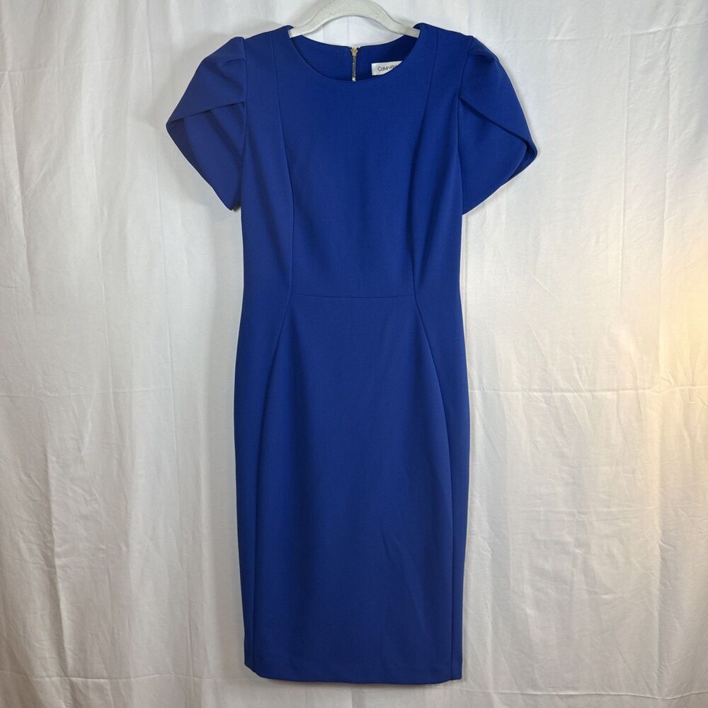 Calvin Klein Womens Royal Blue Tulip Puff Sleeve Round Neck Sheath Dress Size 4 - Picture 3 of 11